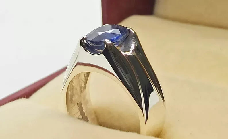 Natural Royal Deep Blue 2.5 Carat Sapphire Men's Ring - 925 Sterling Silver Handmade - Heavenly Gems