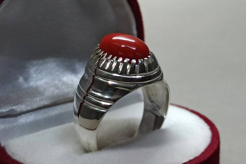 Natural Deep Red Australian Coral Mens Ring Sterling Silver 925 Dark Red ring - Heavenly Gems