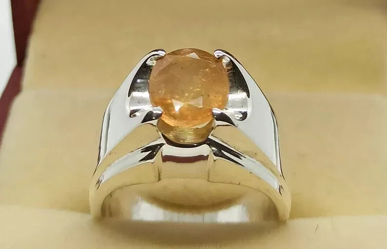 Natural Yellow Sapphire Men's Ring - Sterling Silver 925 Handmade Pukhraj Ring - Heavenly Gems