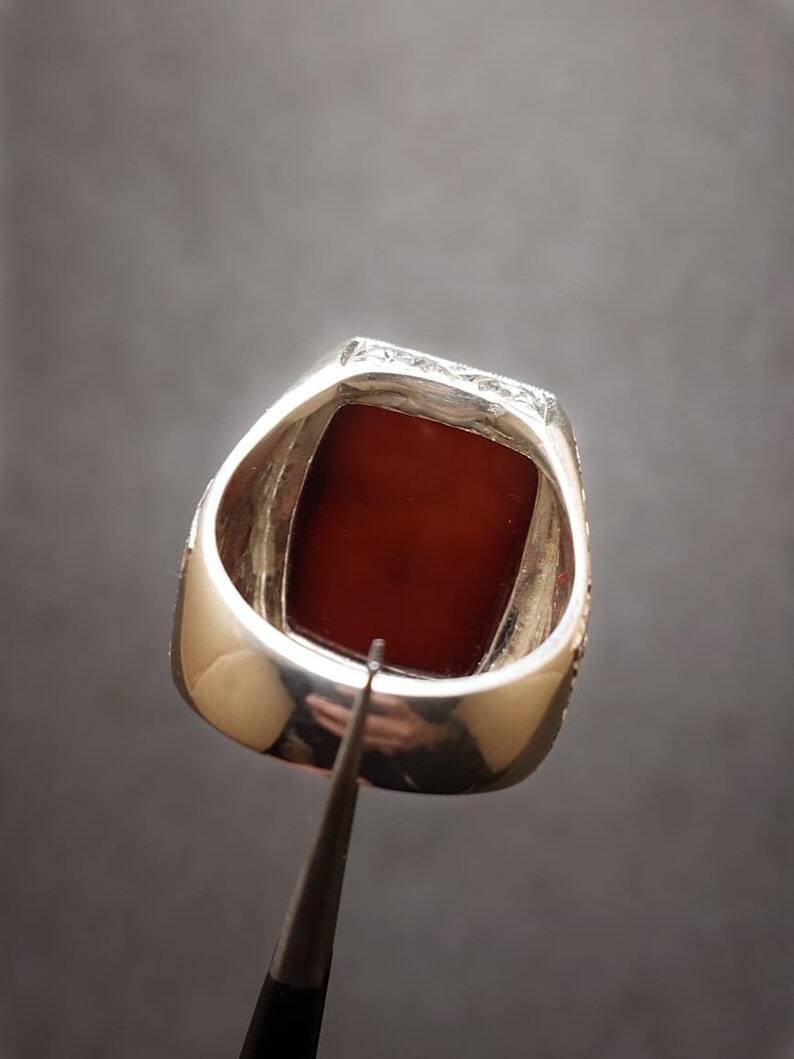 Natural Mens Red Yemen Agate Rectangular Cut Ring Red Carnelian Ring For Men Silver 925 Handmade - Heavenly Gems