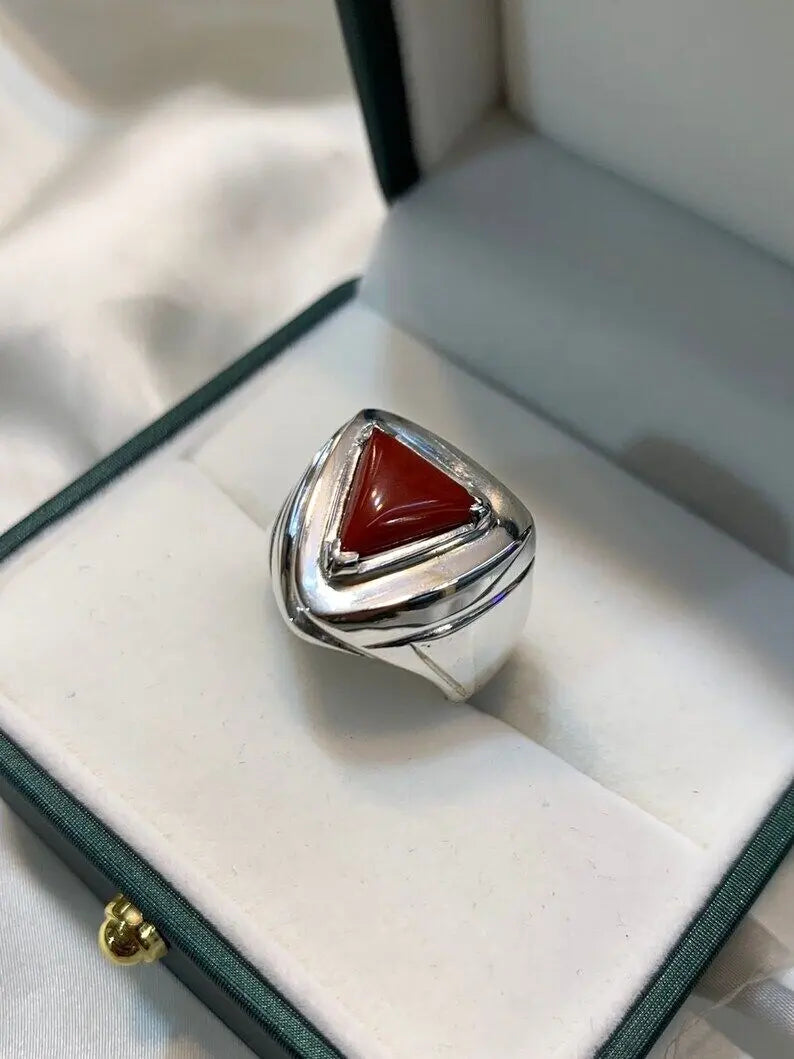 Natural Mens Womens Red Coral Ring Sterling Silver 925 HandCrafted marjan ring - Heavenly Gems