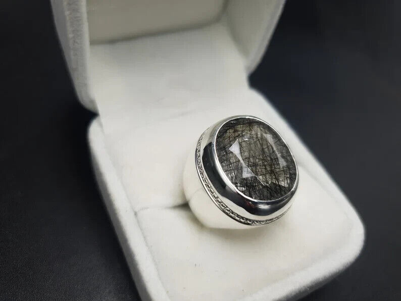 Natural Muh e Najaf Mens Sterling Silver 925 Handmade Ring Rutilated Quartz Ring - Heavenly Gems