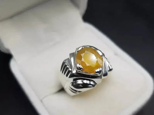 Mens Yellow Sapphire Ring - Pukhraj Ring For Men - Natural Yellow Sapphire Handmade - Heavenly Gems