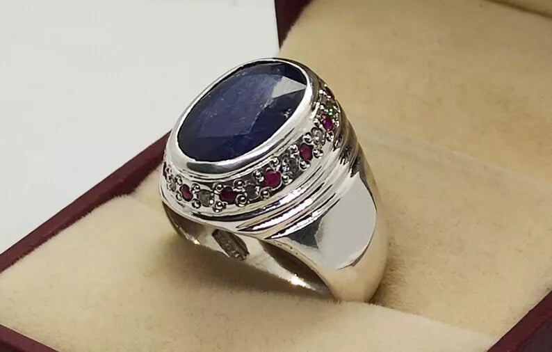 Oval Cut Natural 8 Carat Blue Sapphire Unisex Ring Sterling Silver 925 Hamdmade - Heavenly Gems
