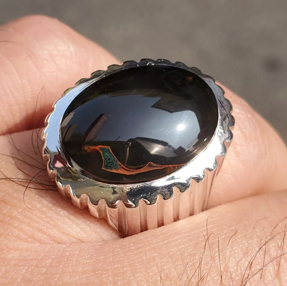 Mens Black Aqeeq Ring natural Oval Cut Agate Ring for Men Shifat Al Abad Yemeni Aqeeq Ring man - Heavenly Gems