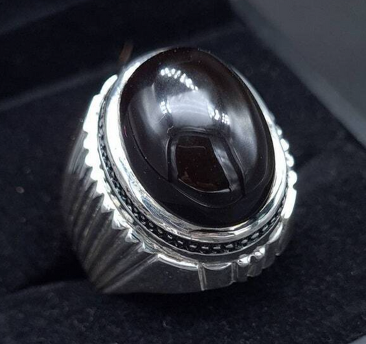 Yemeni Aqeeq Ring Shefat Al Abad Al Habshi Black Aqeeq Yemeni Kabadi Aqeeq Agate Sterling Silver 925 (Premium Quality) - Heavenly Gems