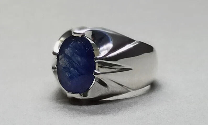 4.6 Carat Sapphire Ring Sterling Silver Handmade Mens Ring Natural Blue Sapphire - Heavenly Gems