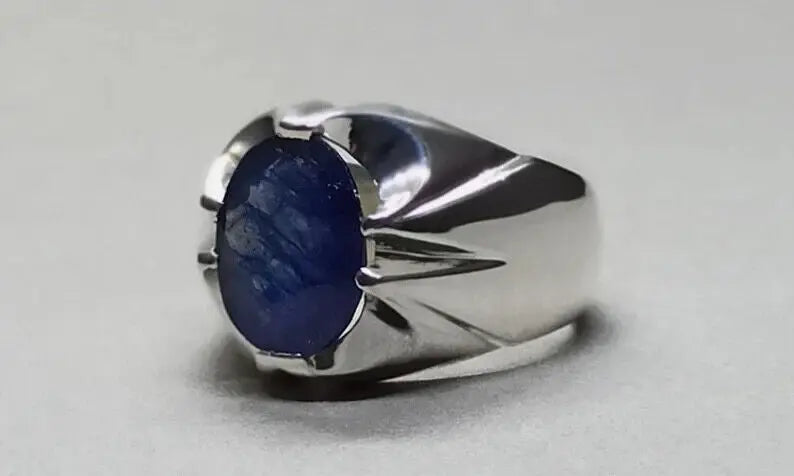 4.6 Carat Sapphire Ring Sterling Silver Handmade Mens Ring Natural Blue Sapphire - Heavenly Gems