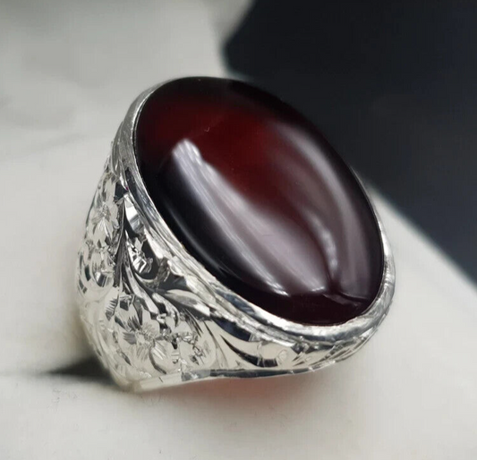 Mens Aqeeq Ring Agate Oval Cut Ring for Men Shifat Al Abad Yemeni Aqeeq Ring For Men 925 - Heavenly Gems