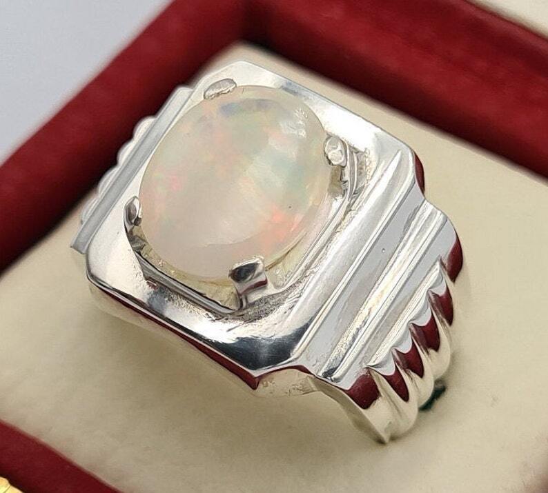 opal ring natural white opal australian handmade jewelry sterling silver ring - Heavenly Gems