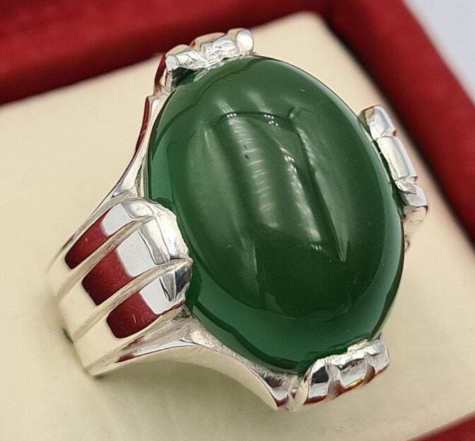 Green Yemeni Aqeeq Yamni Yemen Yamani Agate Akik Aqiq Hakik Ring Handmade Silver - Heavenly Gems