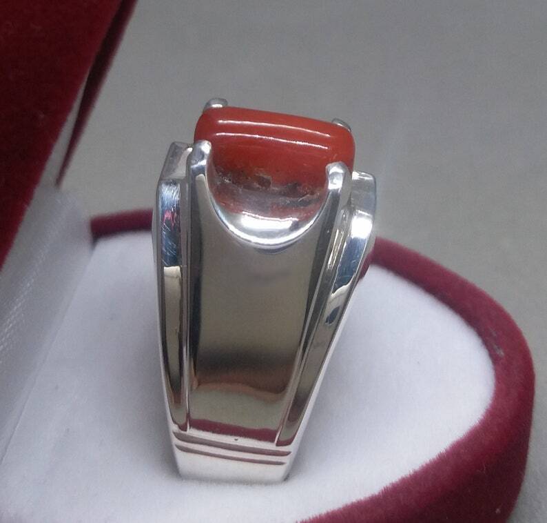 Natural Unheated Untreated Deep Red Coral Mens Ring Sterling Silver 925 Ring - Heavenly Gems