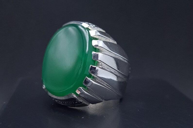 Rare Unheated Green Yemeni aqeeq ring for men Natural Yamani hakik rings gift Sterling Silver 925 - Heavenly Gems
