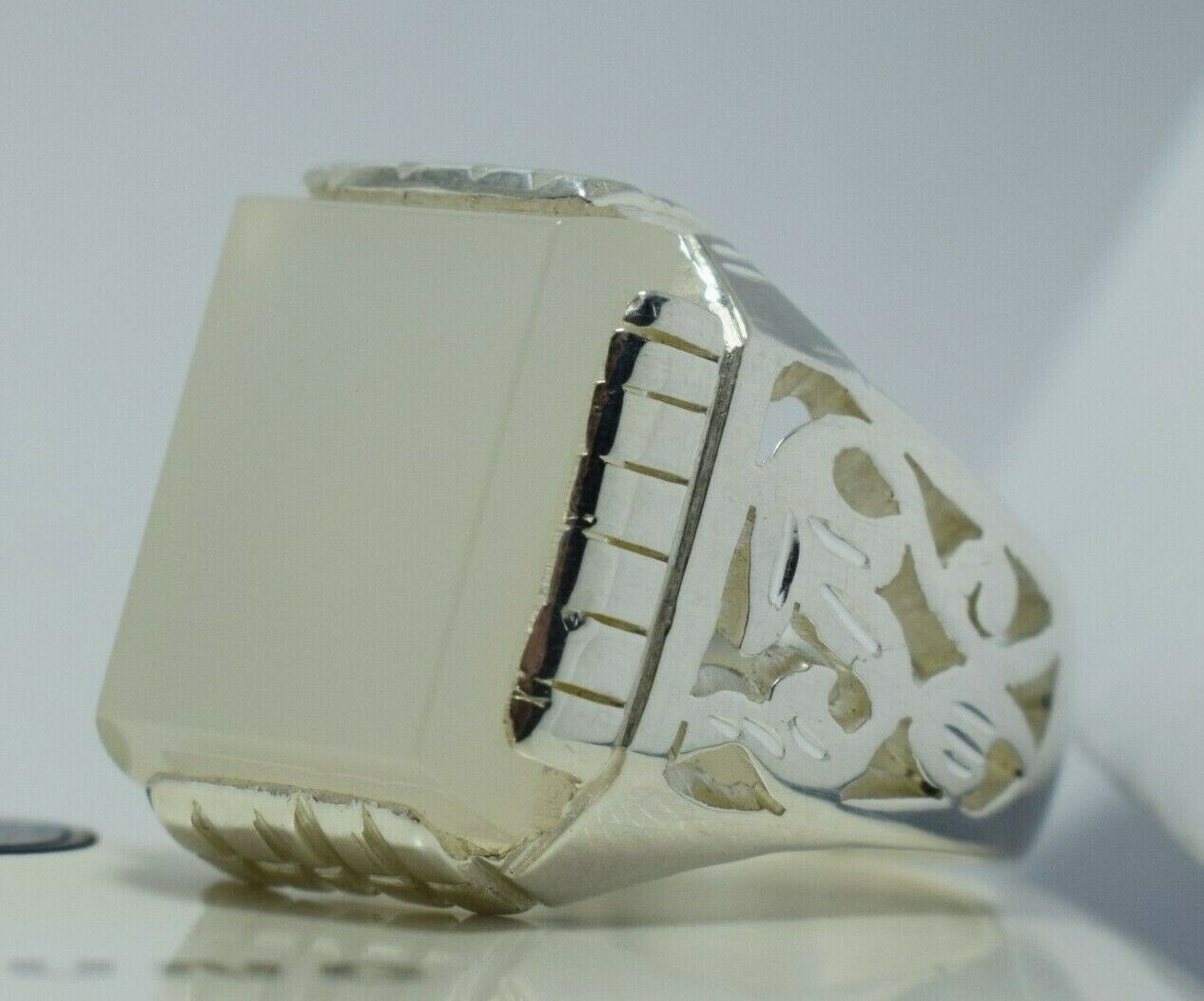 Yemeni Aqeeq Ring Deep White Agate Bague Mens Sterling Silver Handmade Rings925 - Heavenly Gems