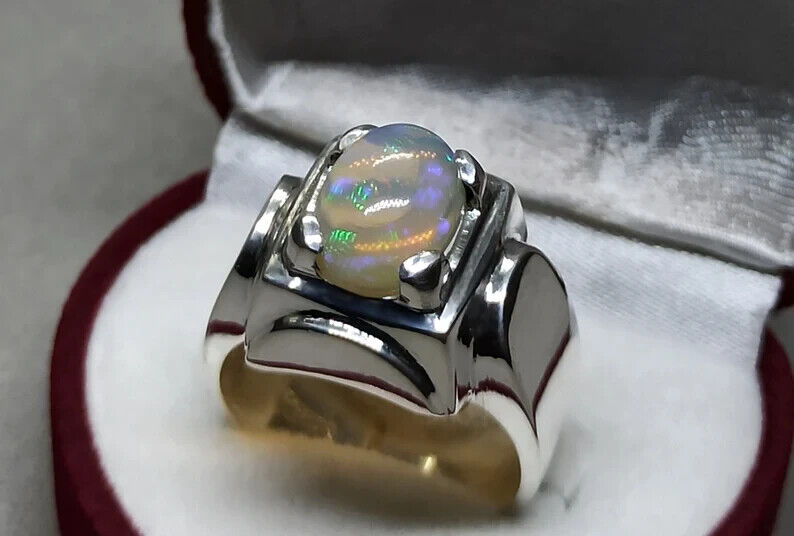 3 Carat Natural Ethiopian Fire Opal Ring 925 Sterling Silver Handmade Mens Ring - Heavenly Gems