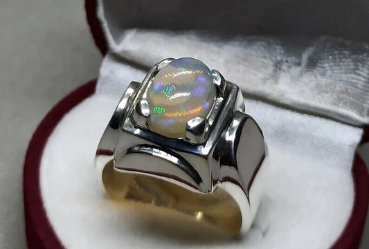 3 Carat Natural Ethiopian Fire Opal Ring 925 Sterling Silver Handmade Mens Ring - Heavenly Gems