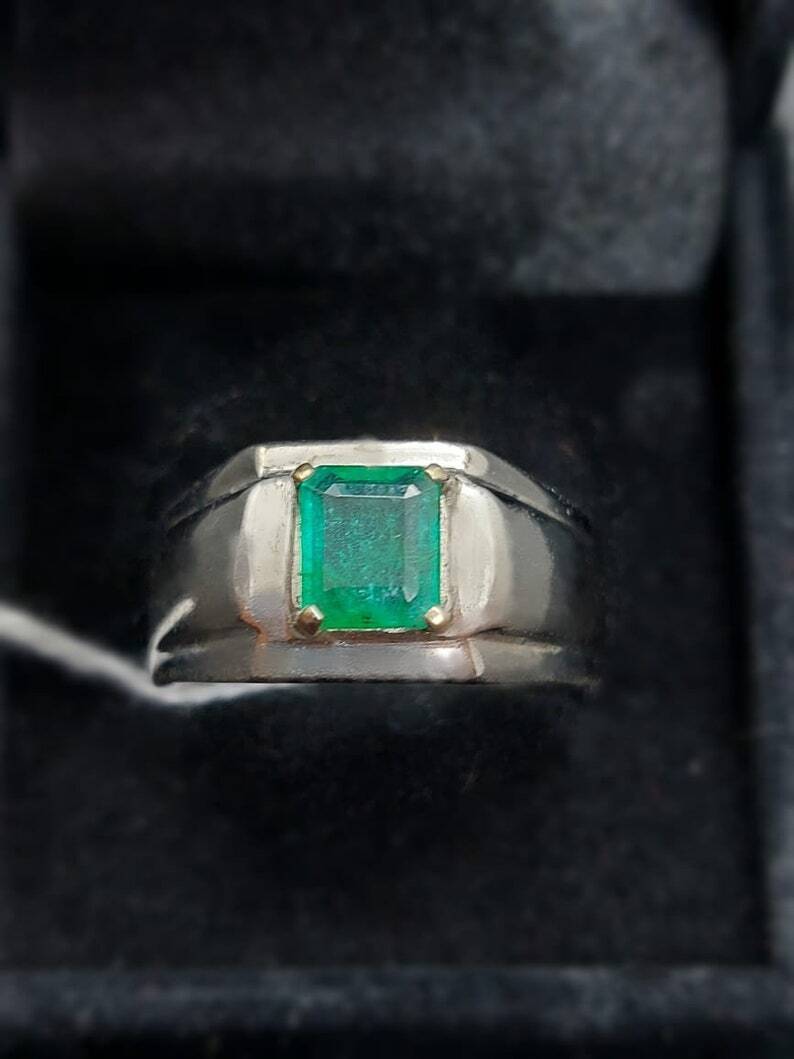 Natural Vivid Green Emerald Mens Ring Sterling Silver 925 Ring Handmade Emerald - Heavenly Gems