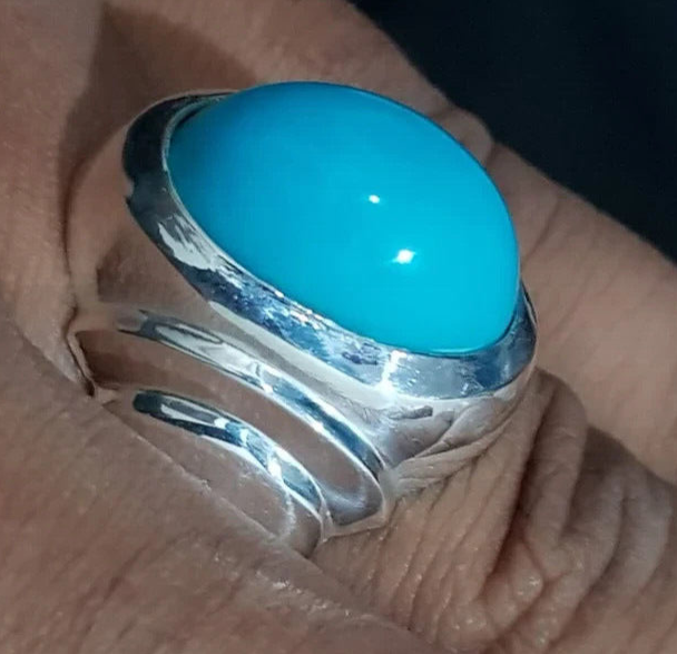 Super clean Beautiful Big Feroza Ring Neyshabpuri Turquoise ring Real Old feroza 925 sterling silver ring, - Heavenly Gems