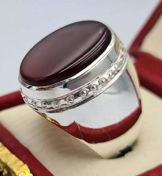 Handcrafted Blood Red Yemeni Aqeeq Ring - Natural Agate Aqiq Gemstone Jewelry for Men - Heavenly Gems