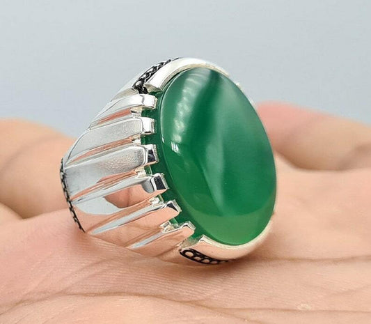 Green yemeni aqeeq ring yamani hakik agate bague christmas gift for him jewelrySterling Silver 925 - Heavenly Gems