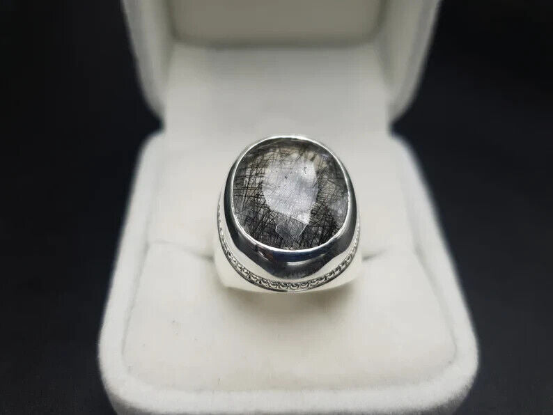 Natural Muh e Najaf Mens Sterling Silver 925 Handmade Ring Rutilated Quartz Ring - Heavenly Gems