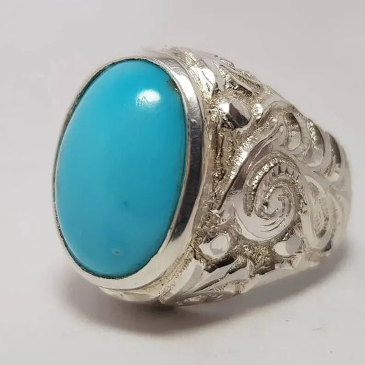 Beautiful Turquoise ring Engraved Feroza ring Mens Big Turquoise ring Mens Gift - Heavenly Gems