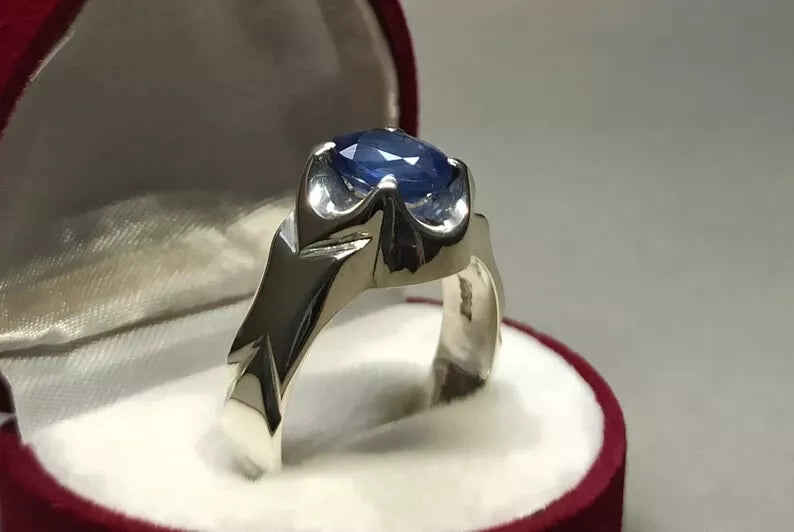 Blue Sapphire Men's Ring - Sterling Silver 925 Ring with Clean Luster - Heavenly Gems