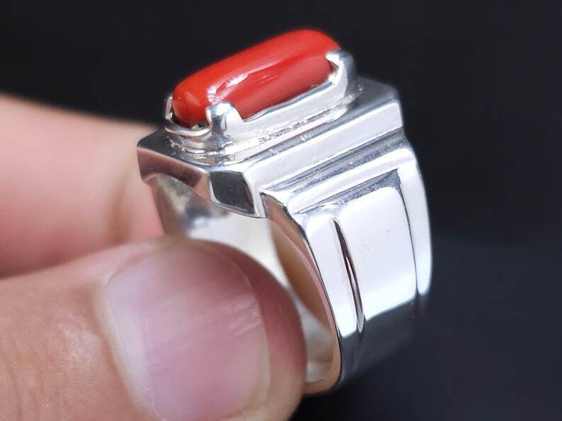 Natural Coral Ring Deep Red Coral Mens Heavy Ring Sterling Silver 925 Marjan - Heavenly Gems
