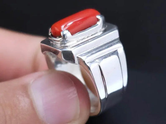 Natural Coral Ring Deep Red Coral Mens Heavy Ring Sterling Silver 925 Marjan - Heavenly Gems