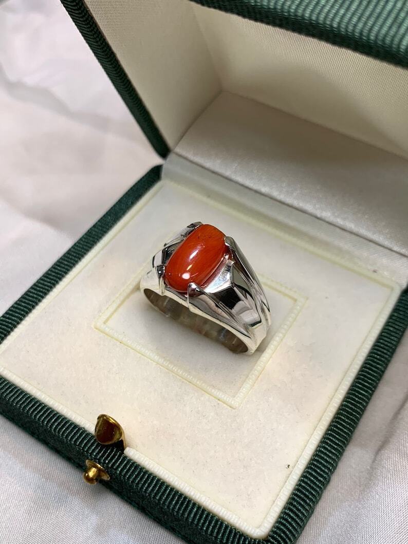 Natural Mens Red Coral Ring Sterling Silver 925 Handmade Ring High Quality Coral - Heavenly Gems