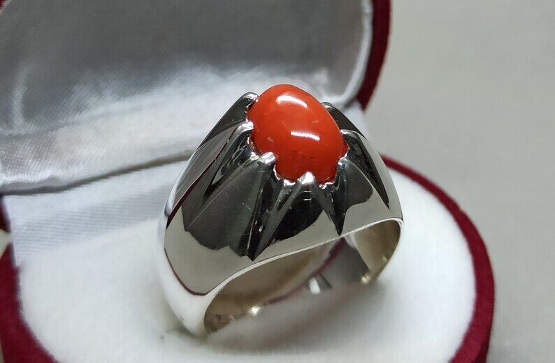 Natural Deep Red Australian Coral Mens Ring Sterling Silver 925 Dark Red marjan - Heavenly Gems