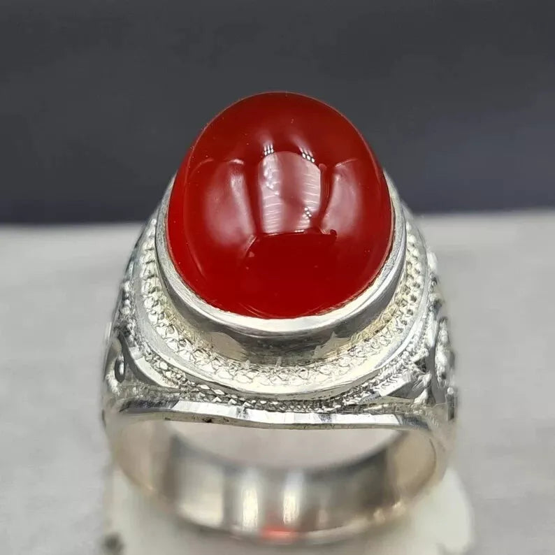 Men's Natural Red Yemeni Agate Stone Ring - Hand-Engraved Artisan Design - Heavenly Gems