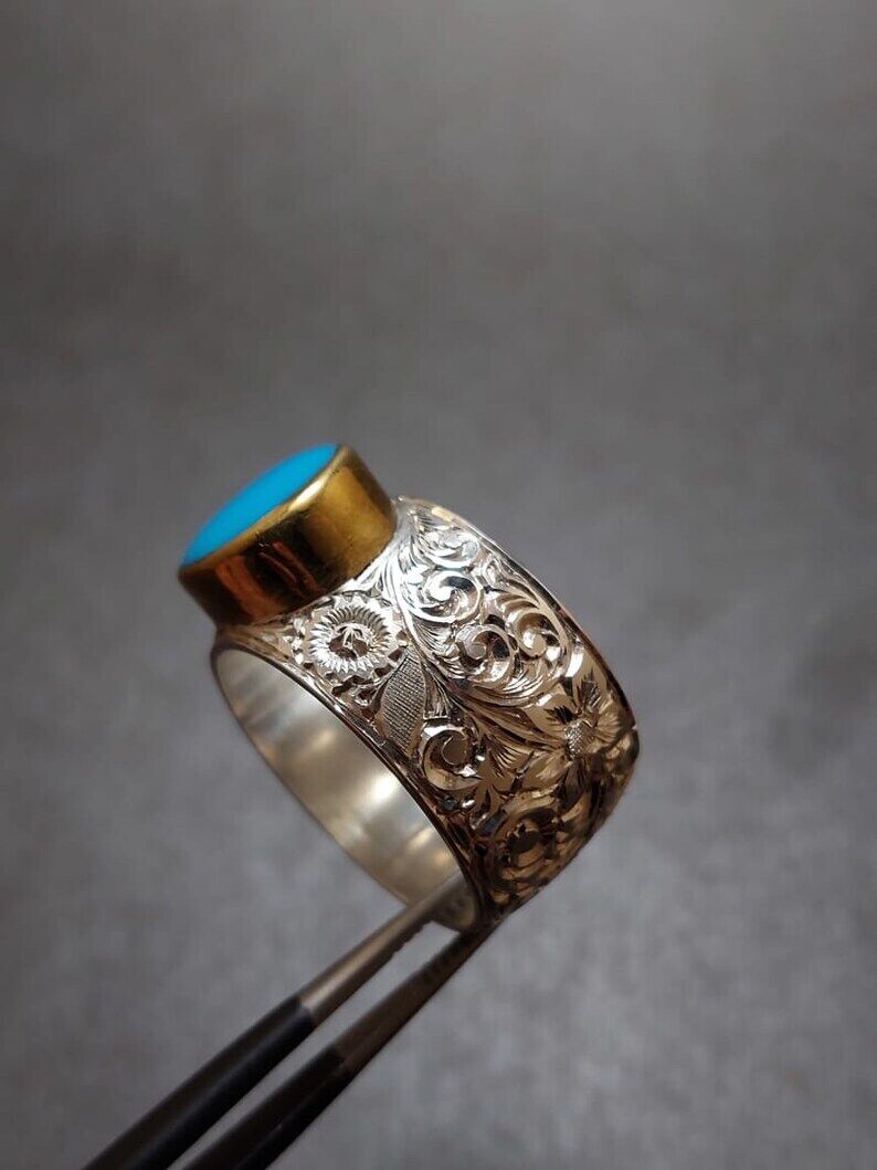 Natural Nishapur Turquoise Feroza Ring Sterling Silver 925 Handcrafted Rare ring - Heavenly Gems