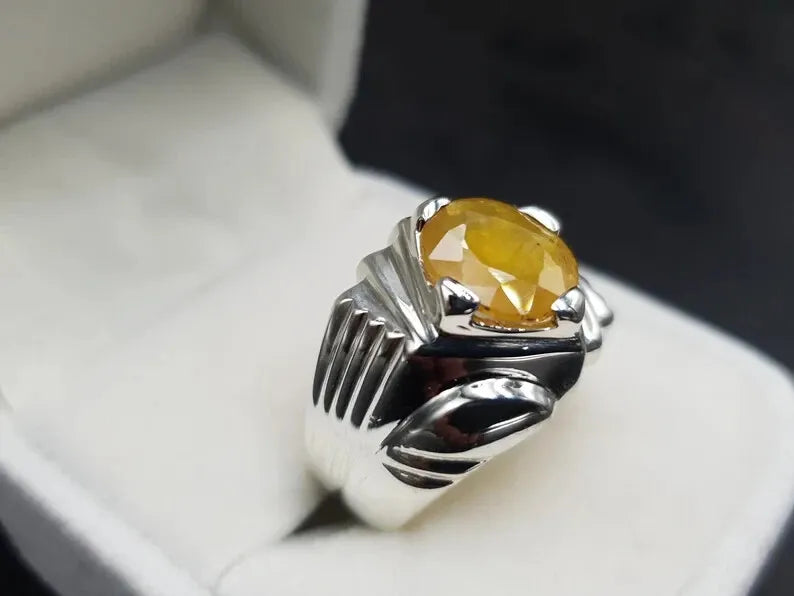 Mens Yellow Sapphire Ring - Pukhraj Ring For Men - Natural Yellow Sapphire Handmade - Heavenly Gems