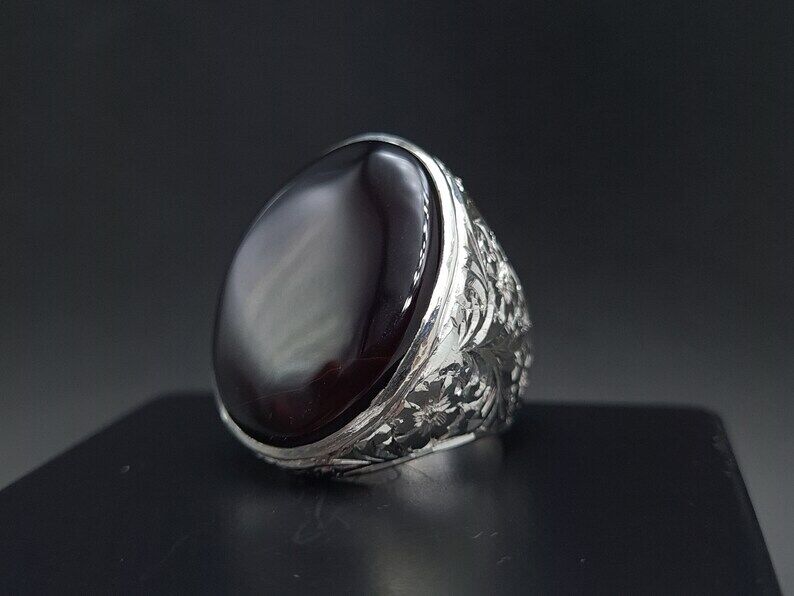 Mens Black Aqeeq Ring natural Agate Ring for Men Shifat Al Abad Yemeni Aqeeq Ring - Heavenly Gems