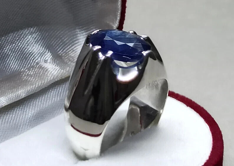 4.6 Carat Sapphire Ring Sterling Silver Handmade Mens Ring Natural Blue Sapphire - Heavenly Gems