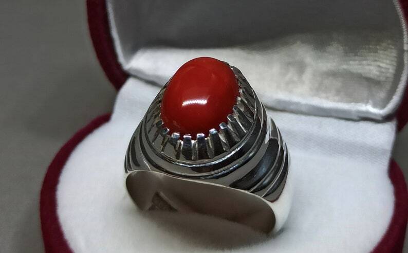 Natural Deep Red Australian Coral Mens Ring Sterling Silver 925 Dark Red ring - Heavenly Gems