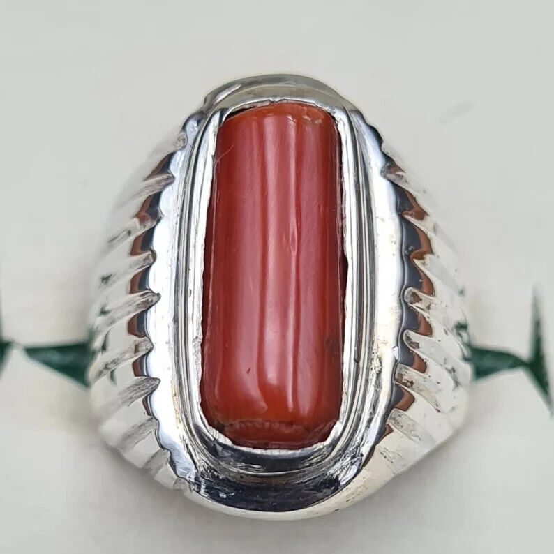 Untreated Real Coral ring Mens Coral Ring Marjan rings Top reddish Orange coral - Heavenly Gems