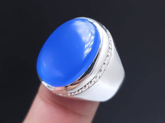 Rare Blue Aqeeq Ring Agate Akik Aqiq Flat Blue Agate Men Ring, Silver Handmade - Heavenly Gems