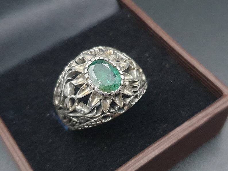 Natural Emerald Ring For Men Women 925 Sterling Silver Handmade Ring Green ring - Heavenly Gems