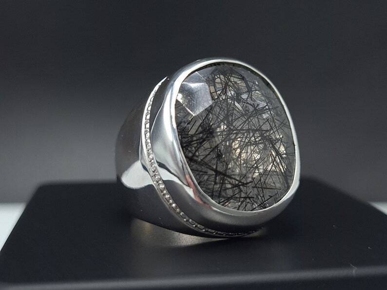 Natural Muh e Najaf Mens Sterling Silver 925 Handmade Ring Rutilated Quartz Ring - Heavenly Gems