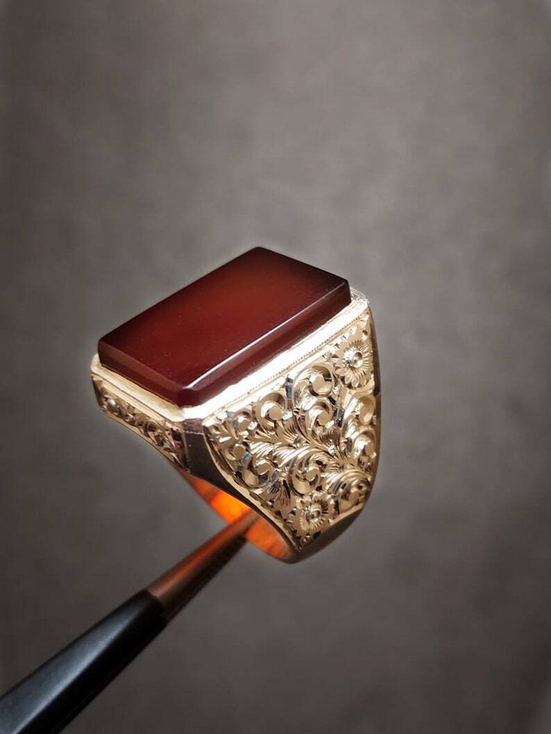 Natural Mens Red Yemen Agate Rectangular Cut Ring Red Carnelian Ring For Men Silver 925 Handmade - Heavenly Gems
