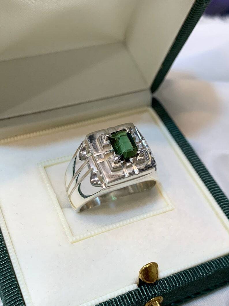 Natural Mens Green Tourmaline Ring Sterling Silver 925 Handmade Ring Elegant - Heavenly Gems