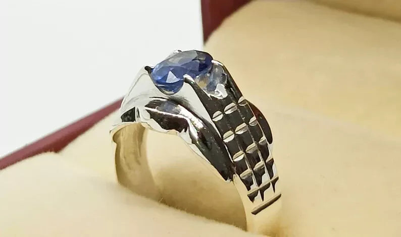Natural Blue Sapphire Men's Ring - Sterling Silver 925 Men's Jewelry - Heavenly Gems