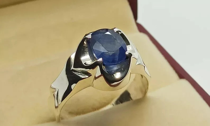 Natural Royal Deep Blue Sapphire Mens Ring Sterling Silver 925 Handmade Blue man - Heavenly Gems