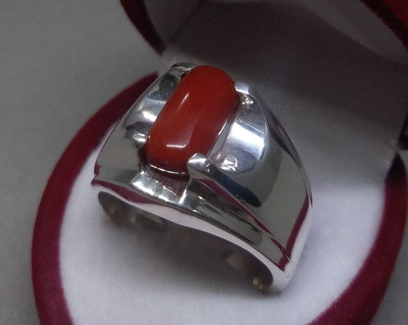 Natural Unheated Untreated Deep Red Coral Mens Ring Sterling Silver 925 Ring - Heavenly Gems