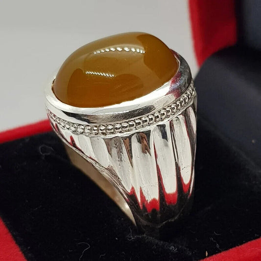 Zard aqeeq Oval Cut ring Yemeni Agate stone, Yellow aqeeq mens ring, Old Deep yellow ring 925 Sterling Silver - Heavenly Gems