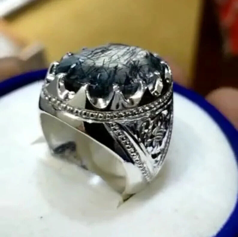 Natural Muh e Najaf Sterling Silver 925 Handmade Mens Ring Rutilated Quartz Ring - Heavenly Gems