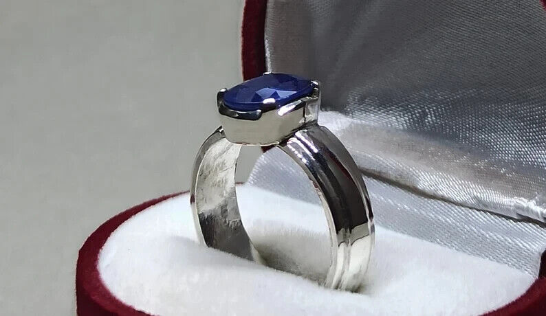 4.4 Carat Blue Sapphire Ring Sterling Silver 925 Handmade Neelam Ring September - Heavenly Gems