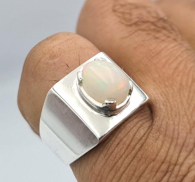 Beautiful Opal Ring White natural Opal Stone Jewelry Valentine Day Gift For Him - Heavenly Gems
